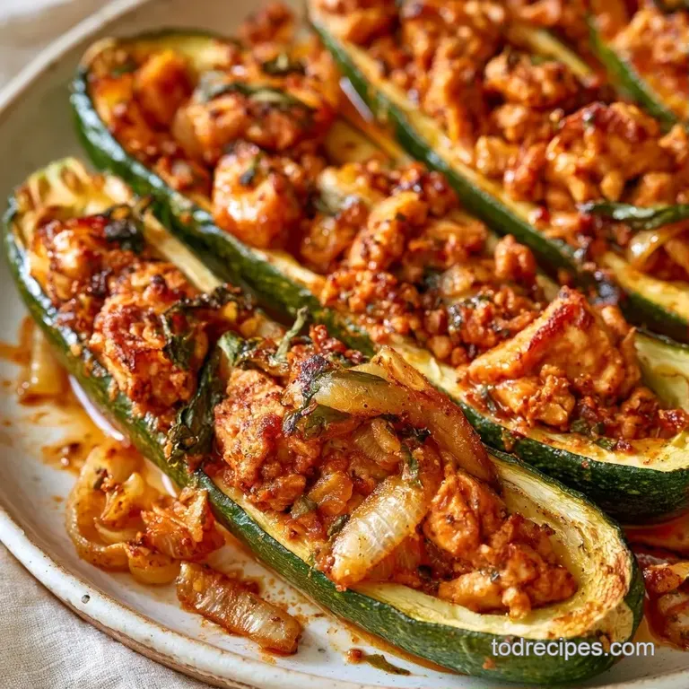 Three roasted zucchini halves on a white ceramic platter, drizzled with olive oil and sprinkled with red pepper flakes.