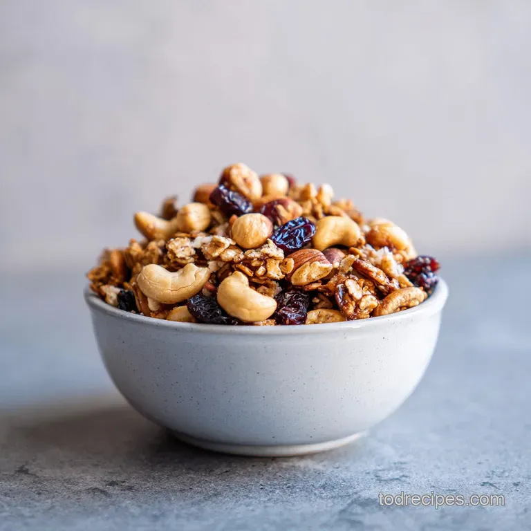 A vibrant mix of toasted granola clusters, glistening dried cranberries, and savory almonds artfully arranged.