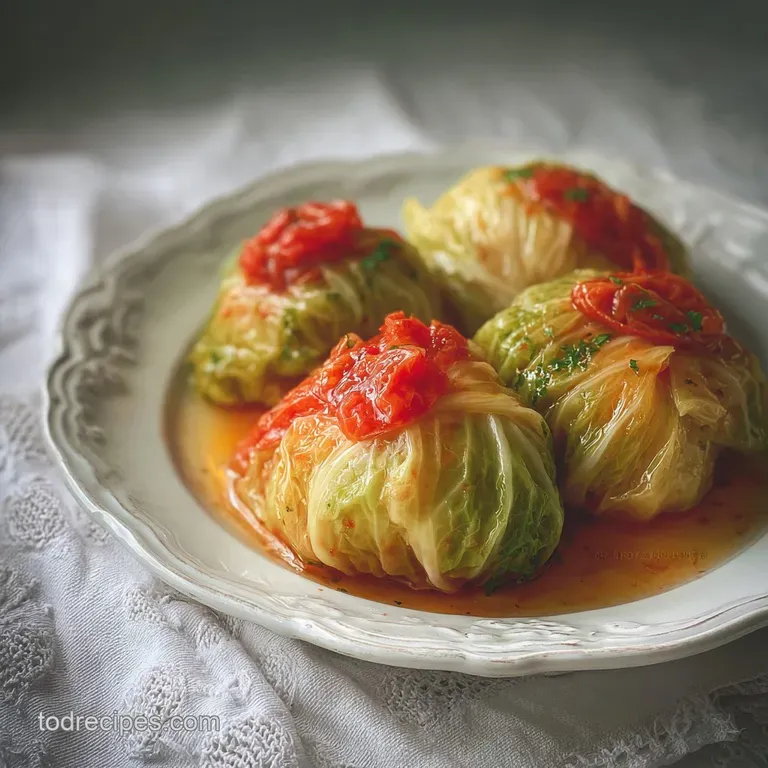 Single sweet and sour cabbage roll, glistening with sauce, sits atop fluffy rice, garnished with fresh, vibrant green pars...