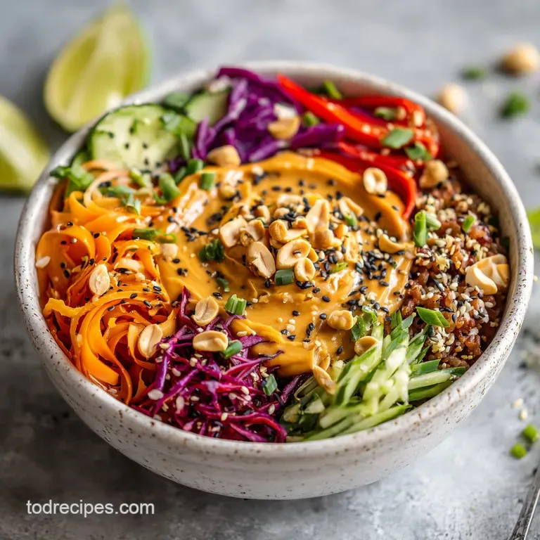 Close-up of a thoughtfully arranged bowl with roasted sweet potato, quinoa, sprouts, and a creamy dressing drizzled on top.