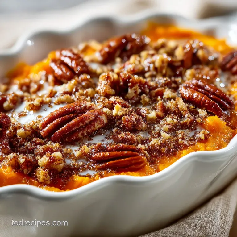 Creamy sweet potato casserole served in a white dish, topped with toasted pecans and drizzled with caramel.