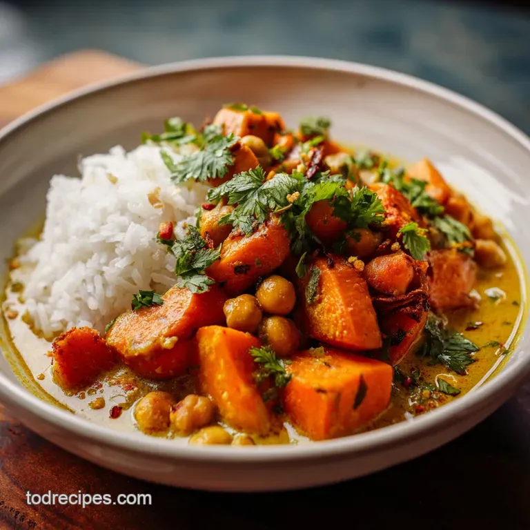 Steaming bowl of sweet potato curry, topped with fresh cilantro and a swirl of creamy coconut milk on a rustic wooden table.