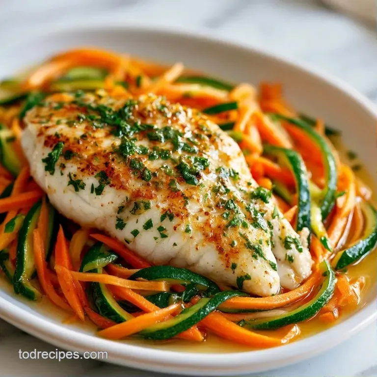 White fish fillet nestled in unfolded parchment paper with sliced carrots and glistening melted butter.