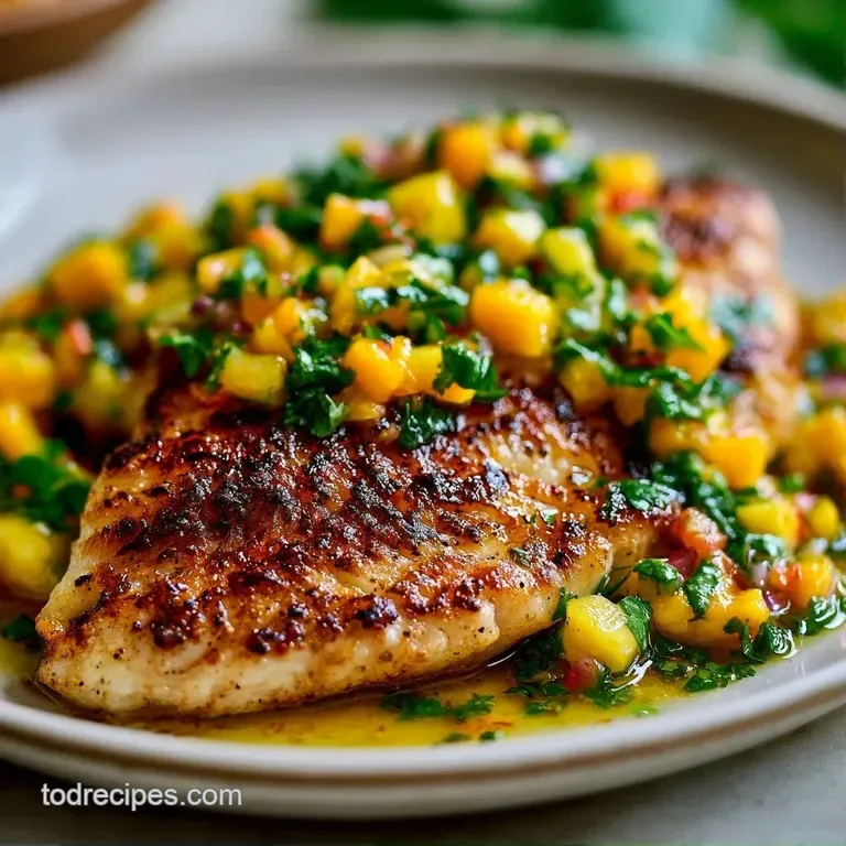 Golden-brown fish fillets on a white ceramic plate topped with colorful tropical fruit salsa and a lime wedge.