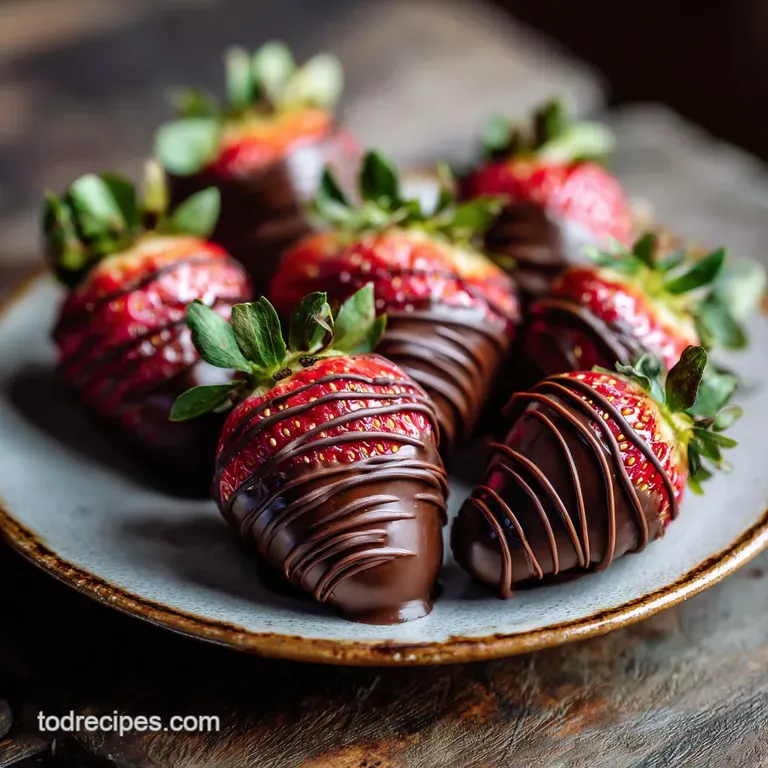 Elegant arrangement of vibrant red strawberries coated in dark chocolate, artfully displayed on a white plate.