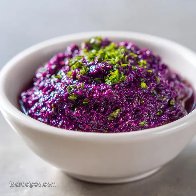 Elegant plate of emerald green pasta, coated in a deep purple sauce, garnished with fresh basil leaves and grated cheese.
