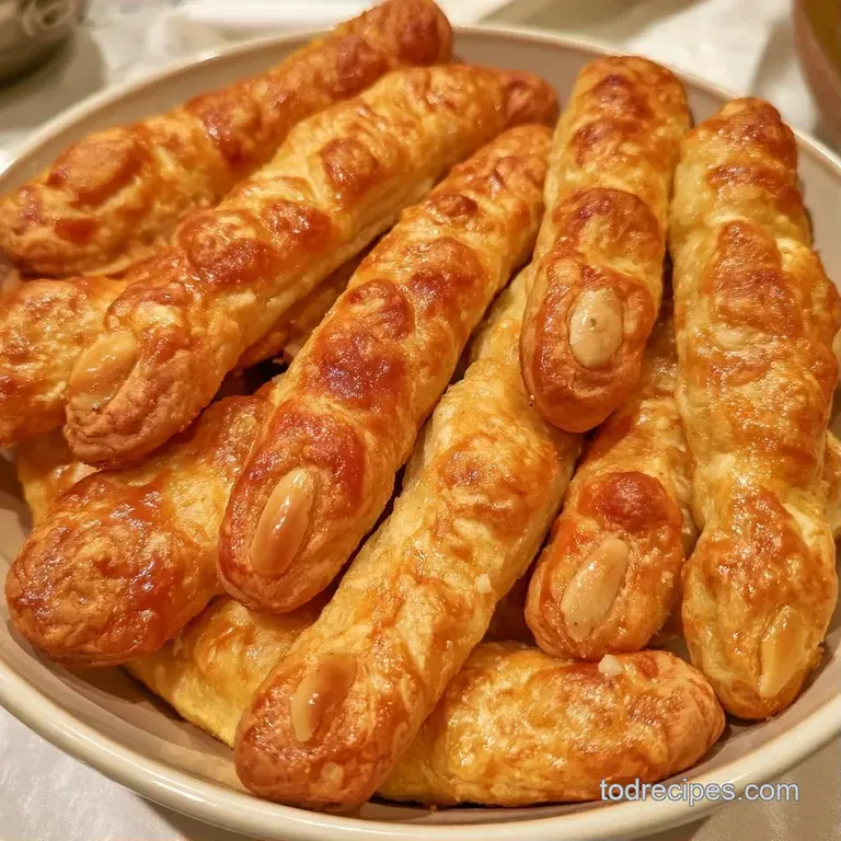 Golden-brown baked dough fingers with almond tips arranged on a black slate tray next to a vibrant red dipping sauce.