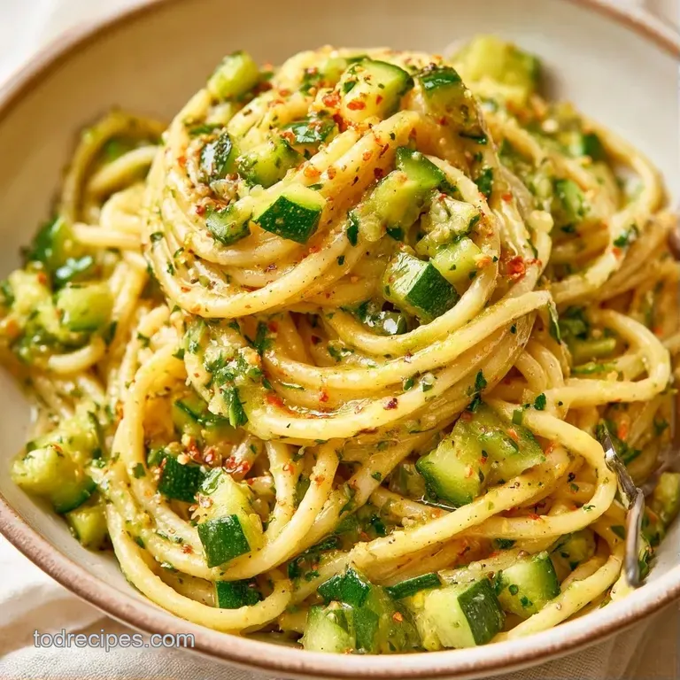 A swirl of buttery pasta topped with sautéed zucchini and a sprinkle of fresh herbs on a minimal grey plate.