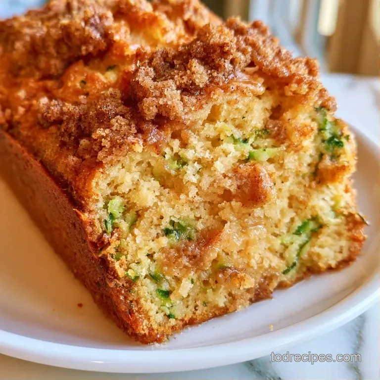 A thick slice of golden-brown crumb cake on a ceramic plate, accented by a dusting of sugar and a sprig of mint.