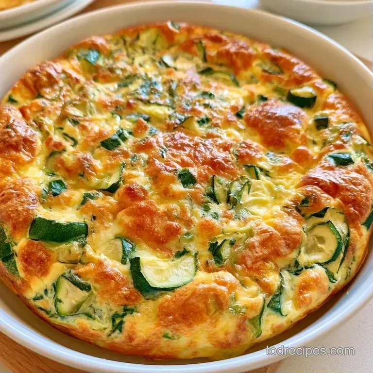 Fluffy slice of egg bake with visible zucchini rounds on a white ceramic plate with a sprig of fresh parsley.