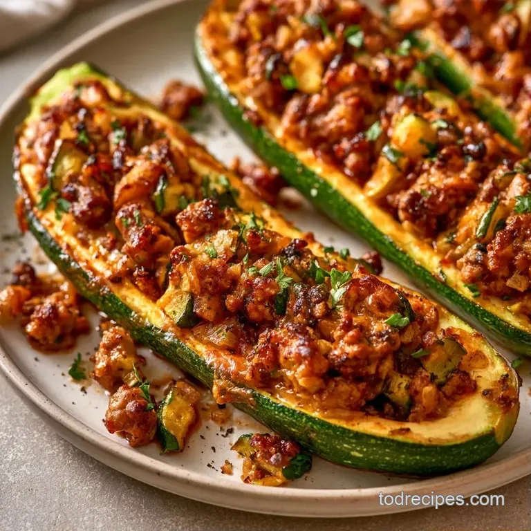 Four roasted green zucchini halves filled with savory meat and bubbly cheese on a clean, minimalist white plate.