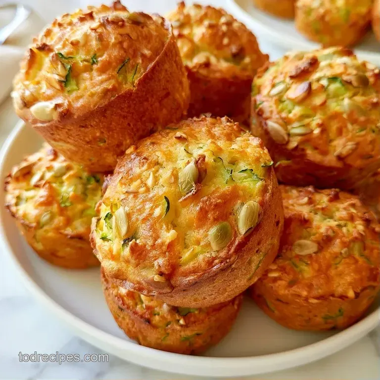 Hearty, green-flecked muffins stacked on a white ceramic plate with a swirl of creamy yogurt and a honey drizzle.