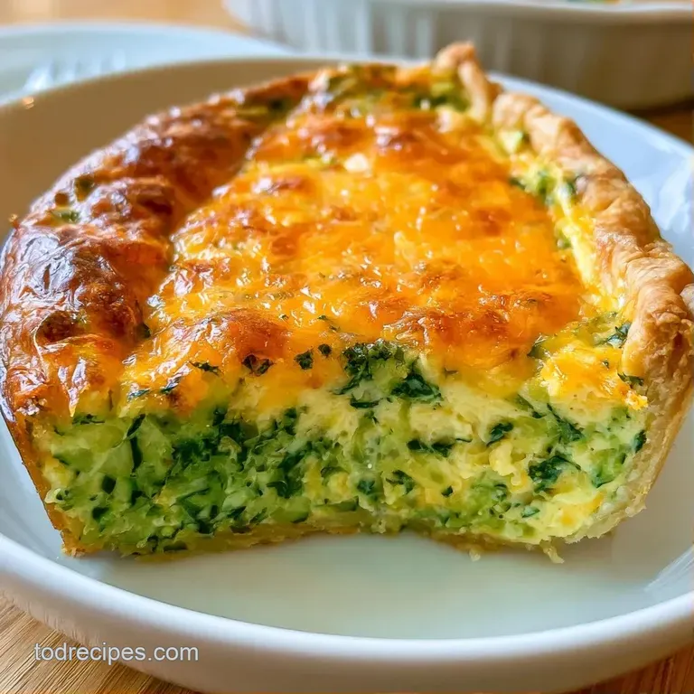 A slice of golden savory tart on a white plate, garnished with fresh herbs and a side of crisp mixed greens.