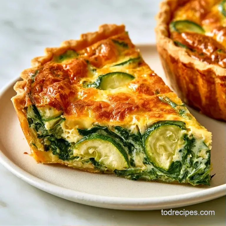 A slice of savory tart on a white ceramic plate, garnished with a sprig of parsley and a side of fresh arugula.